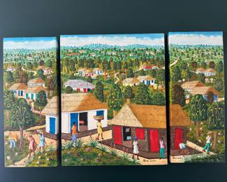 Framed Original Oil on Canvas Triptych Haitian Landscape Signed Abner Dubic