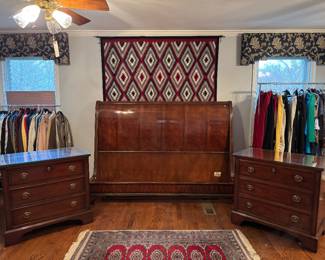 Henredon Eastern King Half Sleigh Bed (Headboard - 56"H x 82"W) & Henredon 3 Drawer Bedside Tables (34"W x 20"D x 32"H / 2 Available)