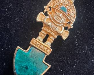 18K Gold & Turquoise Peruvian Tumi Pendant