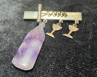 Sterling Amethyst Wine Bottle Corkscrew Wine Glass Brooch Designed by Great Falls Metal Works 