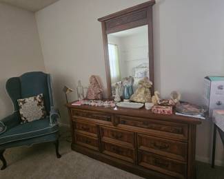Fruitwood 66" dresser and mirror.  $100