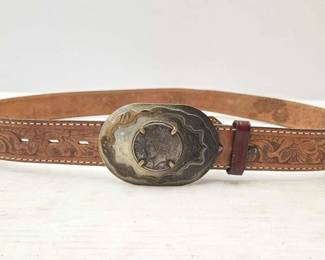 628  Tony Lama Western Leather Belt with Sterling Silver  Peace Dollar Belt Buckle 