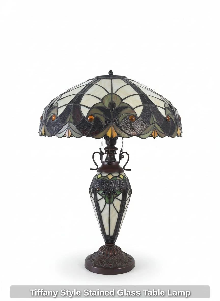 This table lamp features a dome-shaped shade crafted from numerous pieces of hand-cut stained glass in a floral and geometric pattern, with colors including cream, deep green, amber, and dark brown. A central amber jewel accentuates the base of the shade. The lamp's base and stem are made of dark, patinated metal with ornate scrollwork and a tiered foot. This lamp is likely the Chloe Liaison or River of Goods Halston model. 