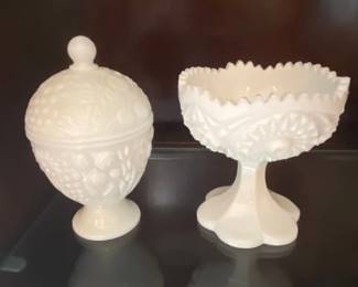 Victorian Milk Glass Grape Pattern Candy Dish and Compote Set second image