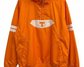 This vibrant orange pullover anorak jacket, size Large, is a piece of fan apparel representing the University of Tennessee Volunteers. It features a half-zip closure, a prominent white panel on the chest with the iconic 'T' logo, and white stripes on the sleeves. The jacket is made from a lightweight, likely synthetic material, suitable for active wear or casual fan attire. The 'RED OAK SPORTSWEAR' label indicates the manufacturer, a brand often associated with collegiate and team merchandise.