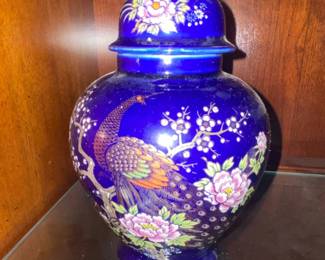 Vintage Japanese Cobalt Blue Porcelain Ginger Jar with Peacock and Floral Motif second image