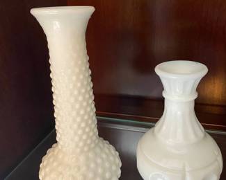 Pair of E.O. Brody Hobnail and Paneled Milk Glass Bud Vases