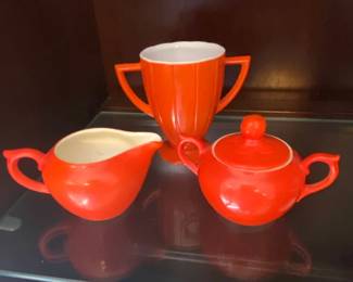 Vintage Czechoslovakian Ceramic Sugar Bowl, Creamer, and Lidded Pot Set