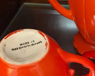 Vintage Czechoslovakian Ceramic Sugar Bowl, Creamer, and Lidded Pot Set second image