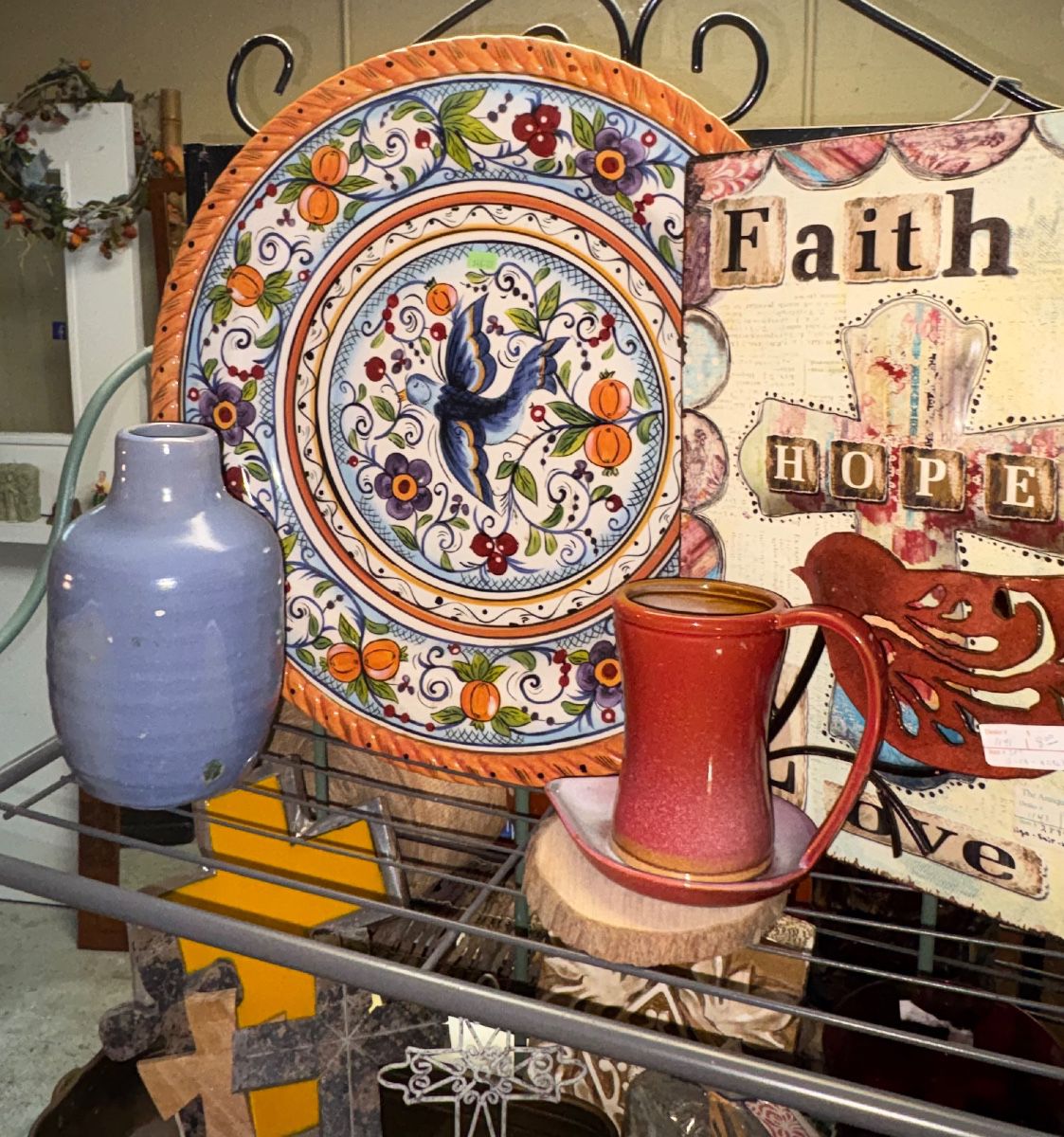 Large Pottery Bird Plate, Blue Pottery Vase, Metal Sign, Planters