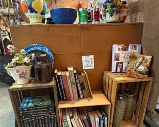 Vintage books, Vases, Candle holders, enamel lids