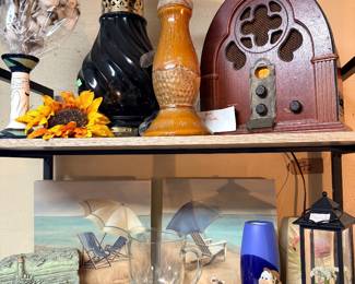 Sea Side Paintings, Wall Hooks, Shell Animals, Black MCM Lamp, Tall Candle Holder