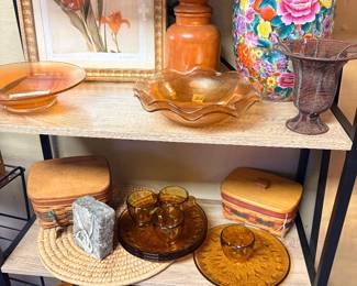 Florentine Iridescent Bowls, Longenberger Baskets, Amber Glass Snack Plates