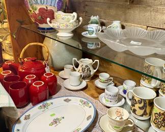 Pottery T-shirt, biscotti jar, vintage creamer, and sugar, vintage tea, cup, and saucer sets, Platters, Mugs