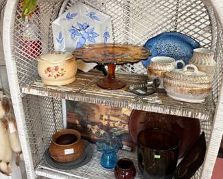 tear drop cake plate, art glass vase, wooden bowls, Blue ruffle vase, Dresser set