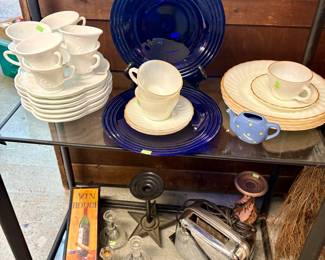 Cobalt blue dinner plates, Fire King Swirl Dishes, Milk glass snack plates, Vintage toasters