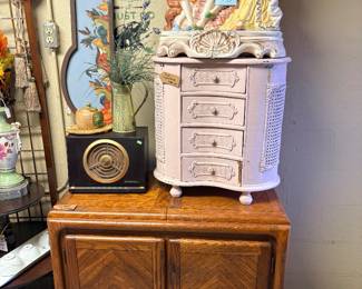 Drop side MCM cabinet, Pink Side Table, Antique Radio