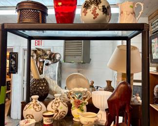 Milk glass, ruby vase, Royal copley vase, Asian basket, Creamer