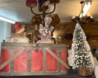 Wooden box, bird, figurines, bottle, brush tree,