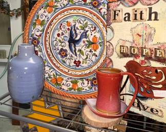 Large Pottery Bird Plate, Blue Pottery Vase, Metal Sign, Planters