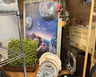 Large World Framed Art, Baskets, Black Glass Bowl, souvenir plates, and other plates