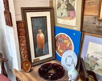Silk Framed, Purple Glass Bowl Pyrex, Ruby glass relish set