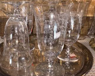 Lenox Castle Garden Water Goblets & Wine Glasses, Silverplate Trays