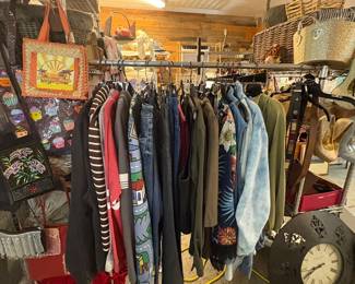Jackets and coats, jeans, denim tops, wall clock
