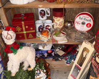 santa coke mugs, Vintage red ribbon, Trees, metal present, Mikasa Christmas plates