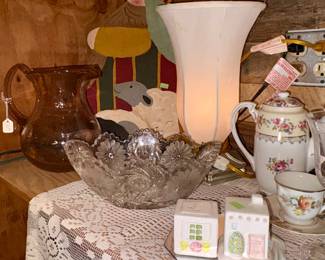 Crystal Bowl, Salt & Pepper sets, Tea Pot, lamp, Glass pitchers, small mirrors