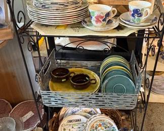 Russell Wright, dishes, floral, dishes, souvenir, plates, metal, baskets, wicker baskets