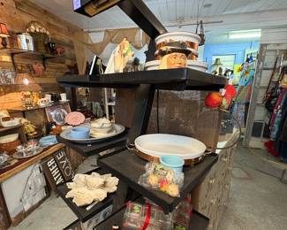 Copper edge pots and pans, flatware, candle holders