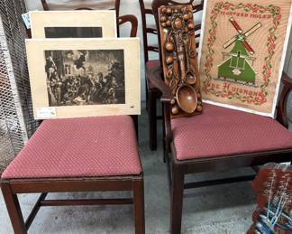 5 vintage chairs, Etchings, Needlepoint, Chalkware Spoon and Fork