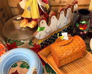 Cake stands, enamel ware, Chicken Wall Decor