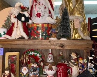 Santa and angels tree toppers, Hallmark ornaments, bears, Santa figurines