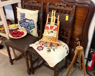 Full size bed headboard and Footboard, Two Antique Chairs, Wood Easels