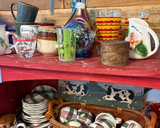 Coffee Mugs, glass bottles, cream pitchers, Plaid China diahes