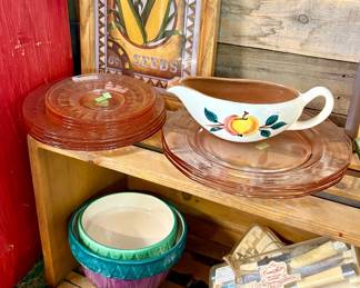 Pink Depression plates, Pottery Bowls, Knife sets