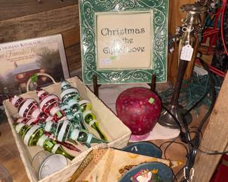 glass like teardrop ornaments, Christmas plates, Art glass lamp