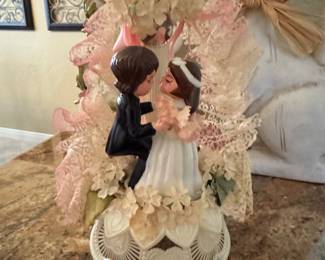Vintage Porcelain Bride and Groom Wedding Cake Topper with Lace and Flowers