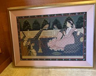 Mughal Miniature Painting of a Lady Smoking a Hookah