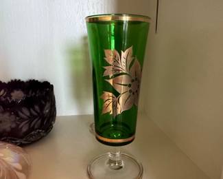Vintage Bohemian Green Glass Goblet with Gold Floral Overlay
