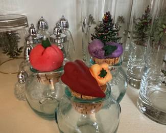 Vintage Christmas Tree Glasses and Vegetable Cork Jars