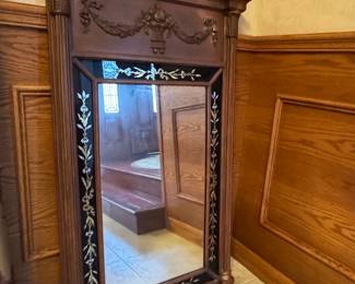 Antique Gilt Wood and Ebonized Mirror with Floral Marquetry