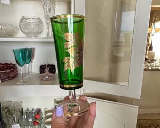 Vintage Emerald Green Glass Goblet with Gold Poinsettia Pattern