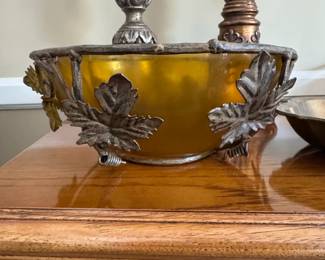 Art Nouveau Style Gilded Metal and Amber Glass Bowl