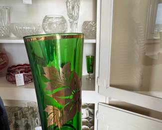 Vintage Emerald Green Glass Goblet with Gold Poinsettia Pattern second image