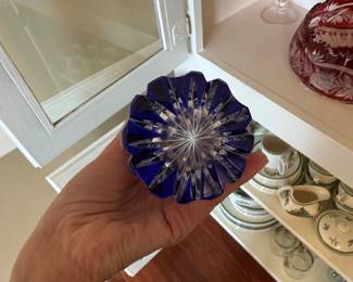 Bohemian Cobalt Blue Cut Crystal Vase with Floral Engraving second image