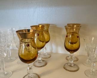 Murano Amber Glass Cordial Glasses with Gold Trim and Red Jewel Accents