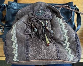 Brown Embossed Leather Drawstring Bag with FIOCCHI ITALY Hardware